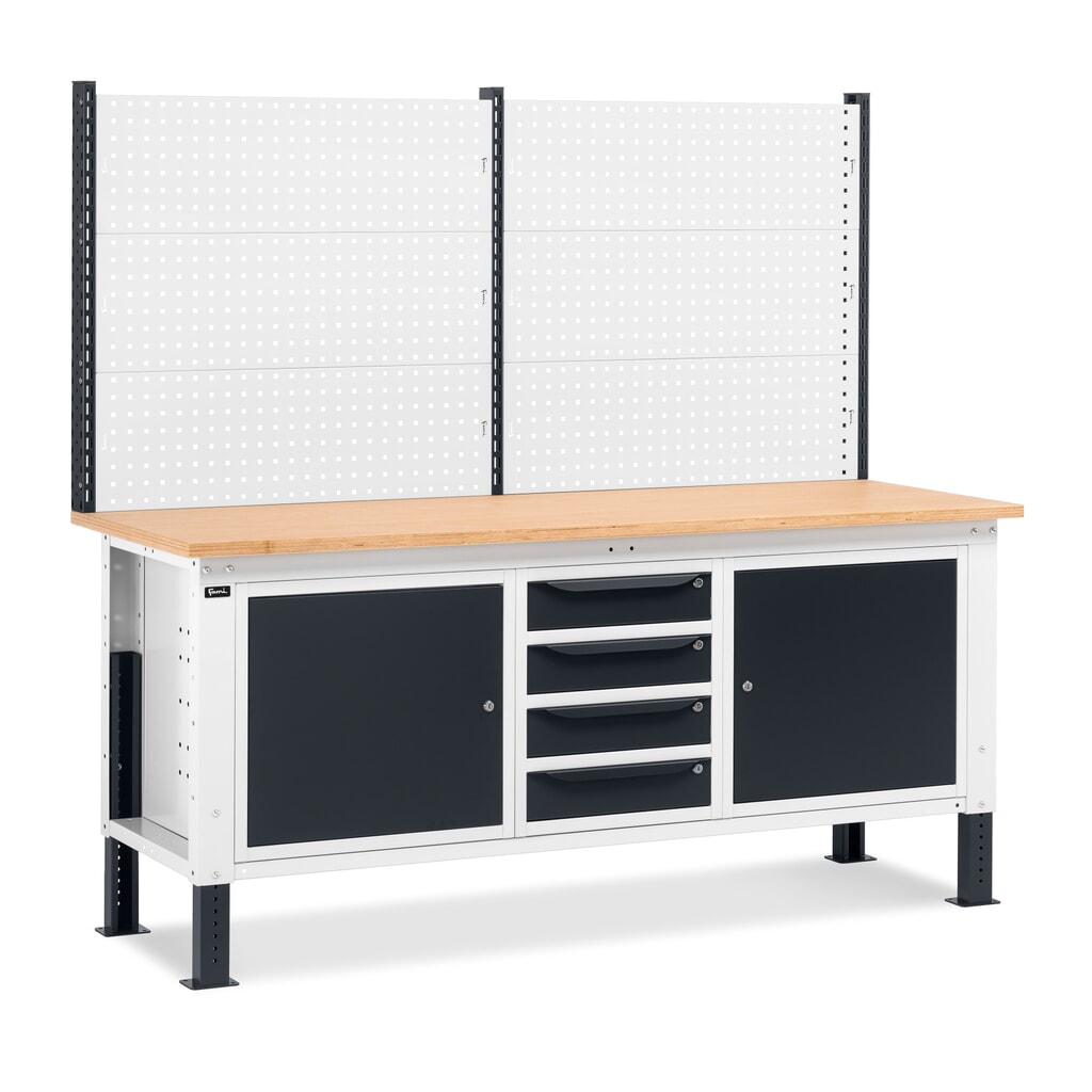 Illustration du produit: Établi Fami, réglable en Hauteur de construction, avec Mur multifonction, 4 tiroirs et 2 armoires, capacité de charge 1 000 kg, HxLxP 740-1,110 x 2 000 x 750 mm, gris clair/RAL 7016 gris anthracite RAL 7016