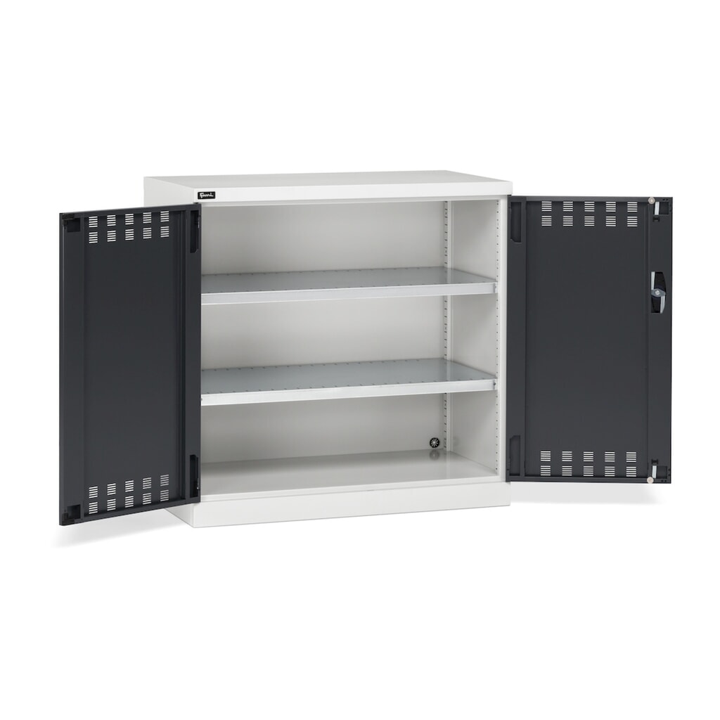 Fami PERFOM Armoire à portes battantes, 2 tablettes, portes battantes perforées, HxlxP 1 000 x 1 023 x 555 mm, gris clair, anthracite Illustration du produit: Fami PERFOM Armoire à portes battantes, 2 tablettes, portes battantes perforées, HxlxP 1 000 x 1 023 x 555 mm, gris clair, anthracite