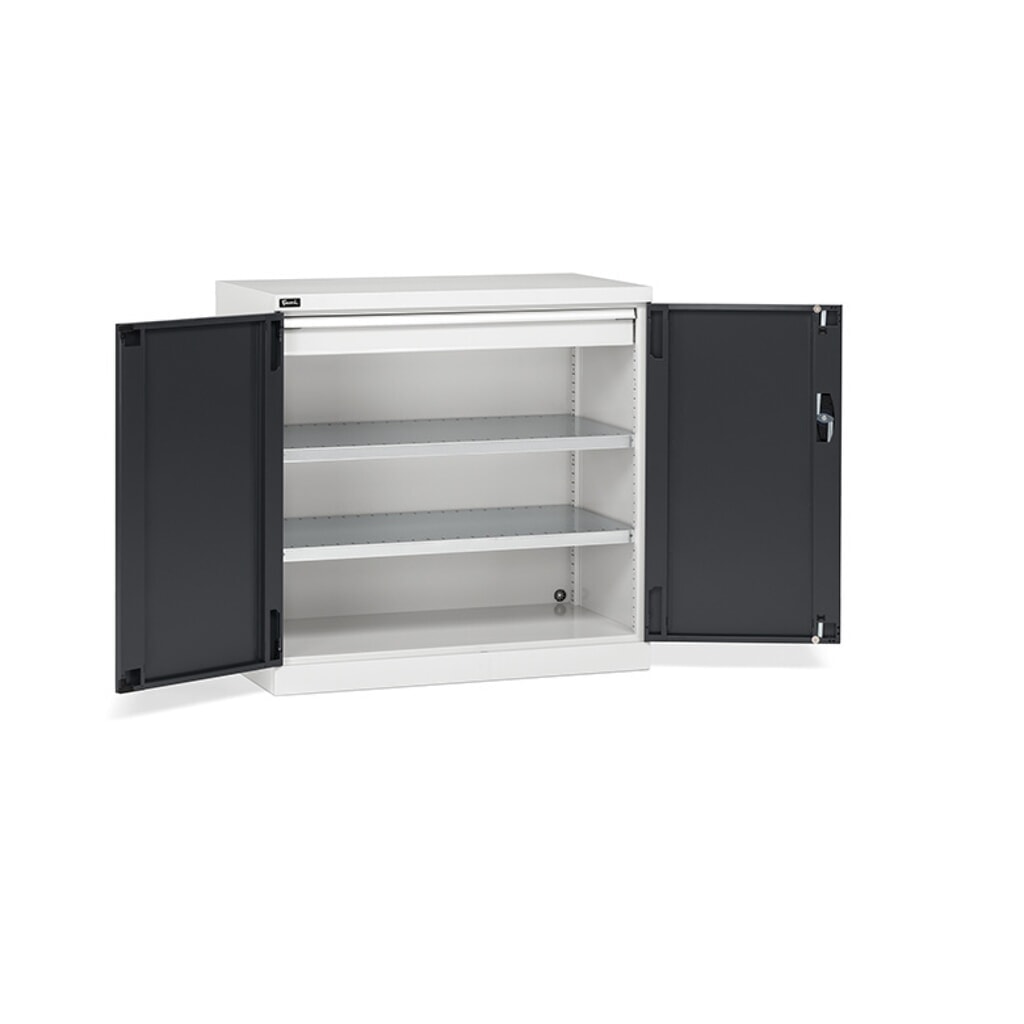 Fami PERFOM Armoire à portes battantes, 1 tiroir, 3 tablettes, HxlxP 1 000 x 1 023 x 555 mm, gris clair, anthracite Illustration du produit: Fami PERFOM Armoire à portes battantes, 1 tiroir, 3 tablettes, HxlxP 1 000 x 1 023 x 555 mm, gris clair, anthracite