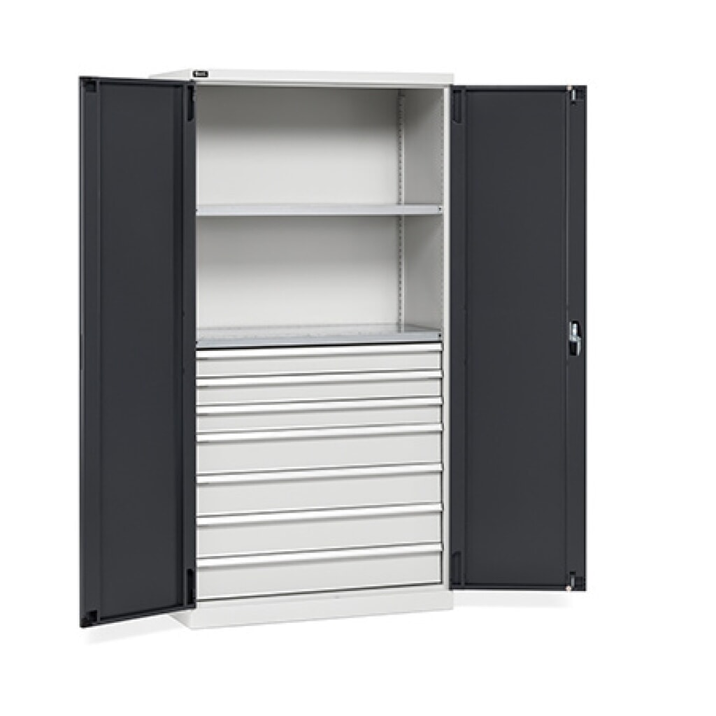 Fami PERFOM Armoire à portes battantes, 7 tiroirs, 2 tablettes, HxlxP 2 000 x 1 023 x 726 mm, gris clair, anthracite Illustration du produit: Fami PERFOM Armoire à portes battantes, 7 tiroirs, 2 tablettes, HxlxP 2 000 x 1 023 x 726 mm, gris clair, anthracite