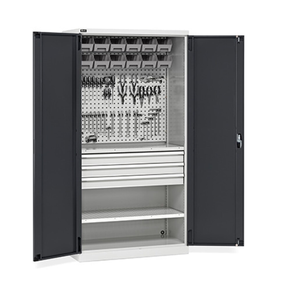 Fami PERFOM Armoire d'atelier, 3 tiroirs, plaques perforées, bacs à bec, HxlxP 2 000 x 1 023 x 726 mm, gris clair, anthracite Illustration du produit: Fami PERFOM Armoire d'atelier, 3 tiroirs, plaques perforées, bacs à bec, HxlxP 2 000 x 1 023 x 726 mm, gris clair, anthracite