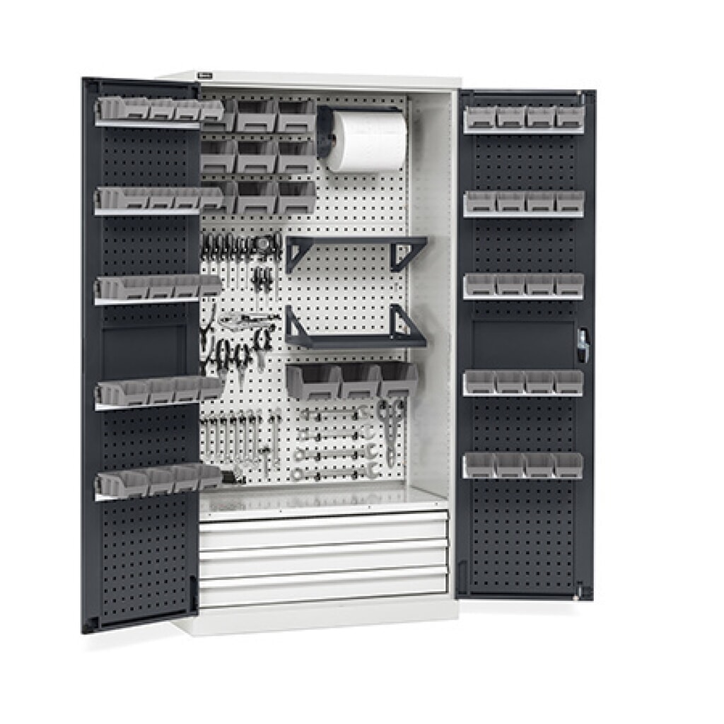 Fami PERFOM Armoire d'atelier, 4 tablettes perforées, 3 tiroirs, plaques perforées pour porte, bacs à bec, HxlxP 2 000 x 1 023 x 726 mm, gris clair, anthracite Illustration du produit: Fami PERFOM Armoire d'atelier, 4 tablettes perforées, 3 tiroirs, plaques perforées pour porte, bacs à bec, HxlxP 2 000 x 1 023 x 726 mm, gris clair, anthracite