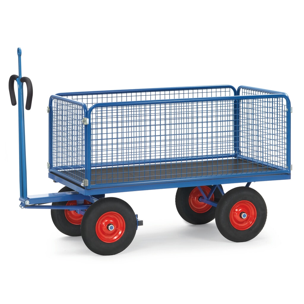 Illustration du produit: Char à bras lourd fetra® avec roues en caoutchouc plein, anneau de remorquage et parois grillagées, H x l x L 1 190 x 850 x 1 550 mm, capacité de charge 1.000 kg