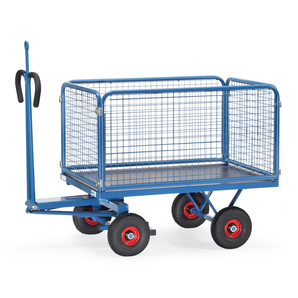 N° de l'image du produit 1 : Char à bras lourd fetra® avec pneumatiques gonflables, anneau de remorquage et parois grillagées, H x l x L 1 130 x 850 x 1 550 mm, capacité de charge 700 kg