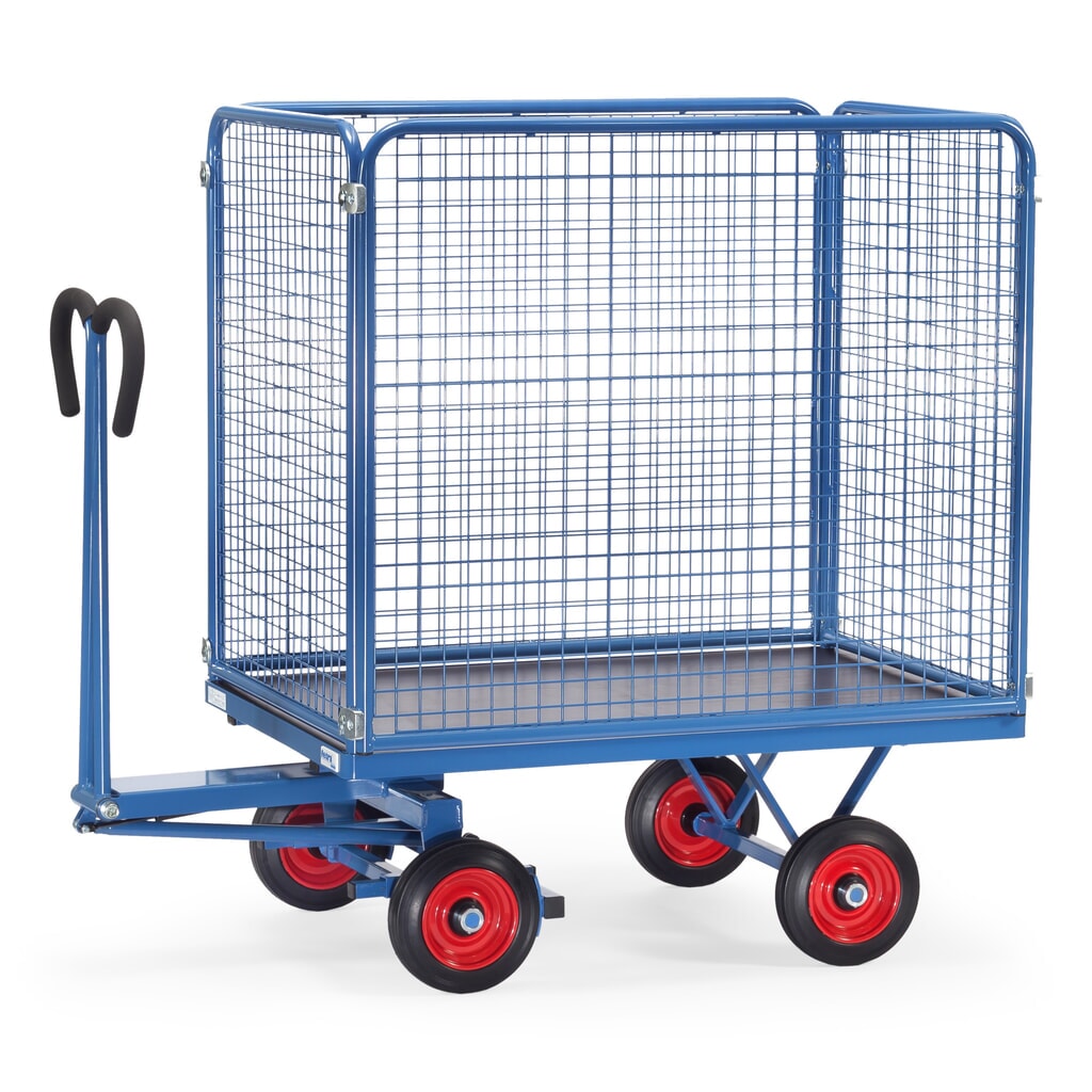Illustration du produit: fetra® Char à bras avec parois grillagées de hauteur 1 000 mm, surface de chargement 800 x 1 200 mm, capacité de charge 700 kg, pneumatiques à bandage plein