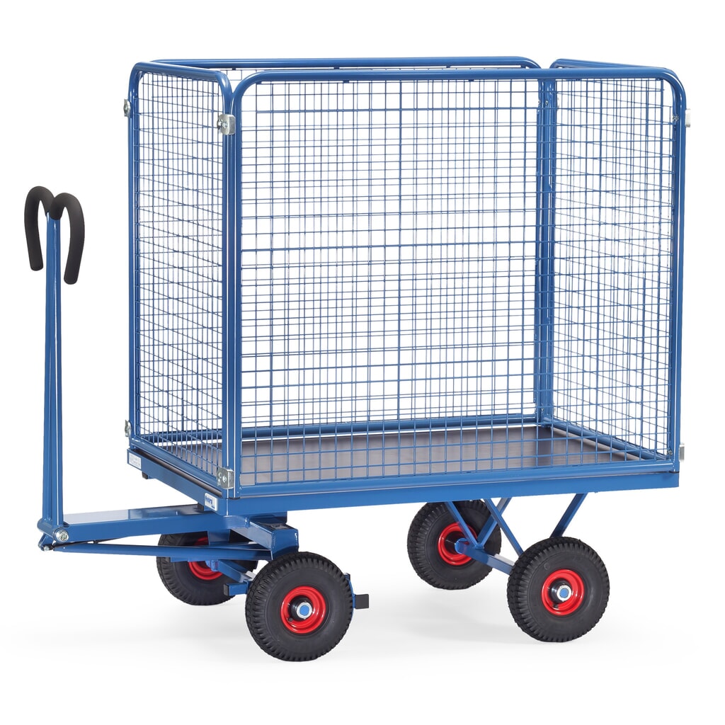 Illustration du produit: fetra® Char à bras avec parois grillagées de hauteur 1 000 mm, surface de chargement 800 x 1 200 mm, capacité de charge 700 kg, pneumatiques gonflables