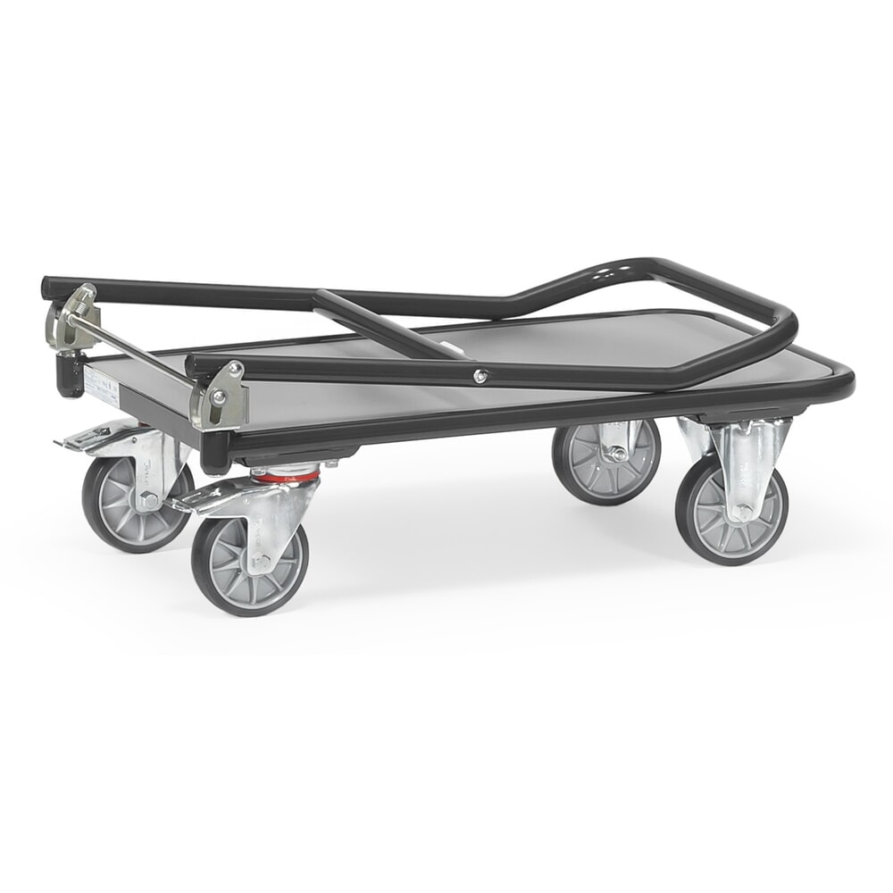 N° de l'image du produit 3 : fetra® Chariot à plate-forme avec surface de chargement en bois, arceau rabattable, lxP 600 x 900 mm, capacité de charge 250 kg, gris anthracite