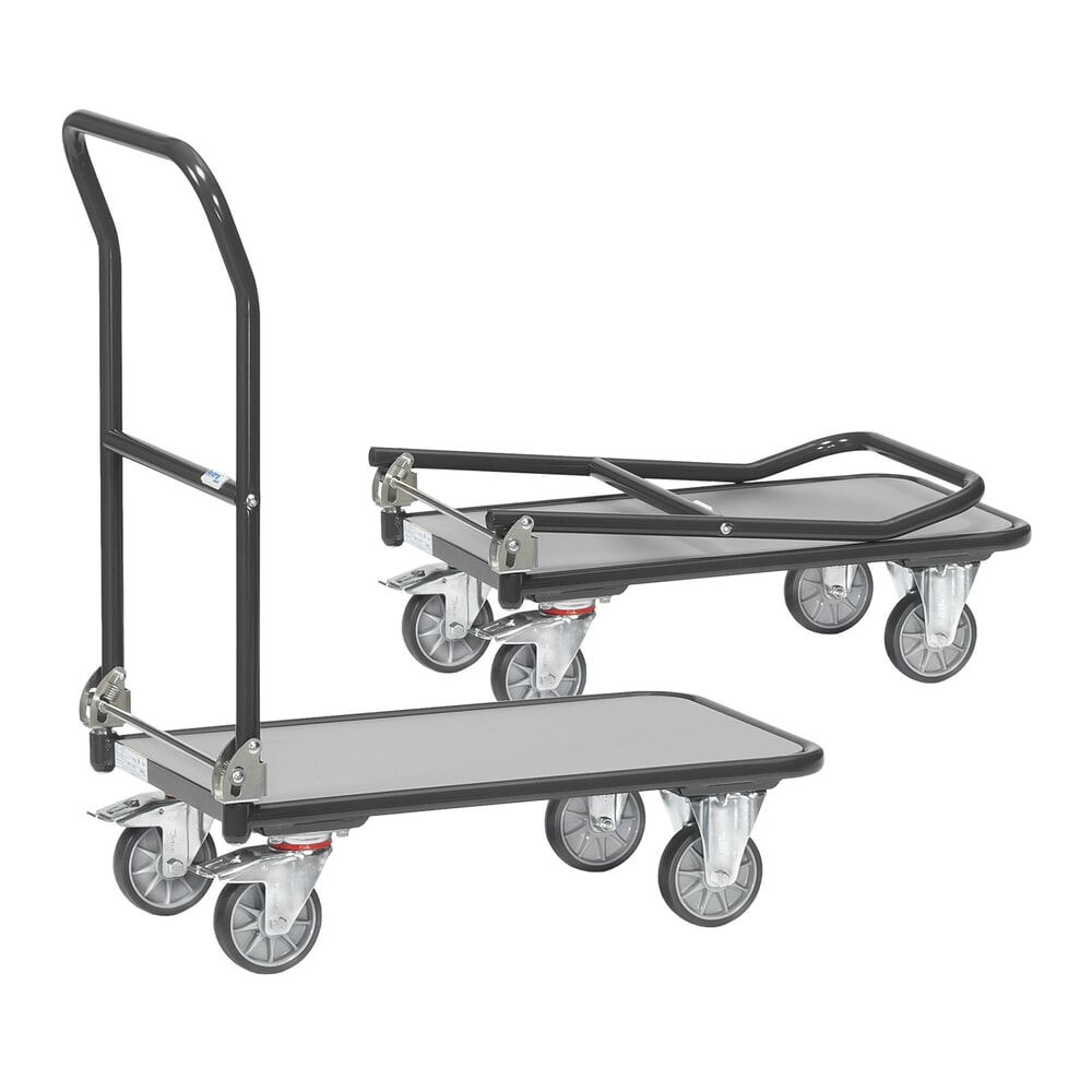 N° de l'image du produit 4 : fetra® Chariot à plate-forme avec surface de chargement en bois, arceau rabattable, lxP 600 x 900 mm, capacité de charge 250 kg, gris anthracite
