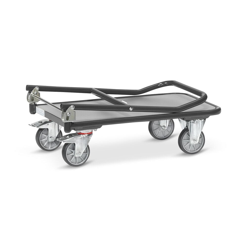 N° de l'image du produit 5 : fetra® Chariot à plate-forme avec surface de chargement en bois, arceau rabattable, lxP 600 x 900 mm, capacité de charge 250 kg, gris anthracite