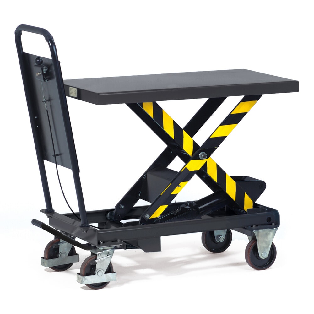 Illustration du produit: fetra® Chariot à plate-forme élévatrice à ciseaux avec panneau de butée, capacité de charge 500 kg, 1 010 x 520 mm