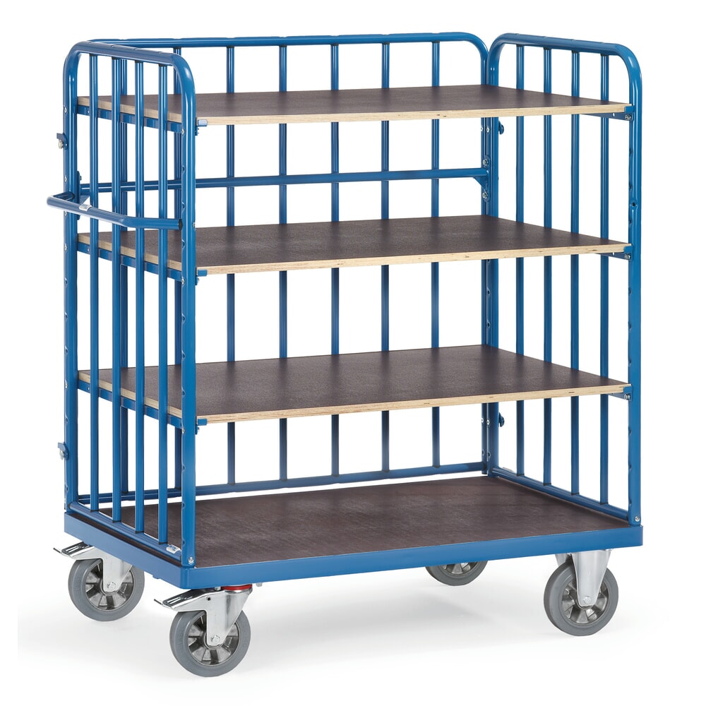 Illustration du produit: Chariot à plateaux pour charges lourdes fetra®, 4 plateaux, 3 parois grillagées, capacité de charge 1 200 kg, H x l x L 1 583 x 724 x 824 mm