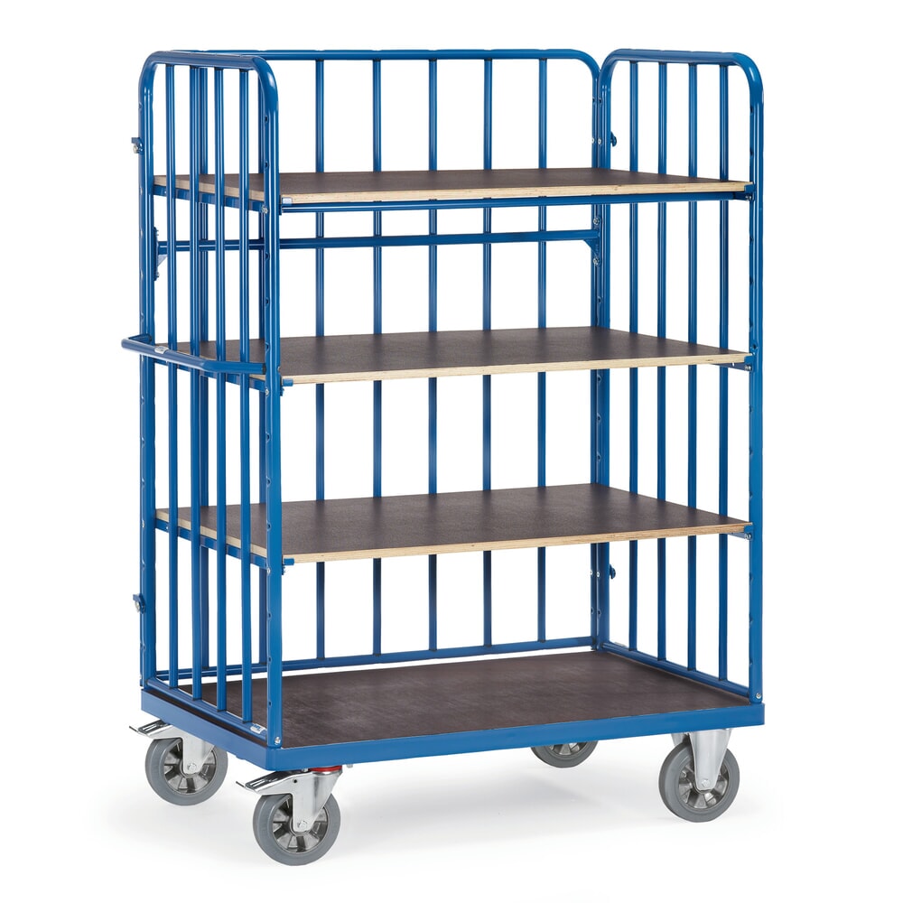 Illustration du produit: Chariot à plateaux pour charges lourdes fetra®, 4 plateaux, 3 parois grillagées, capacité de charge 1 200 kg, H x l x L 1 817 x 724 x 824 mm