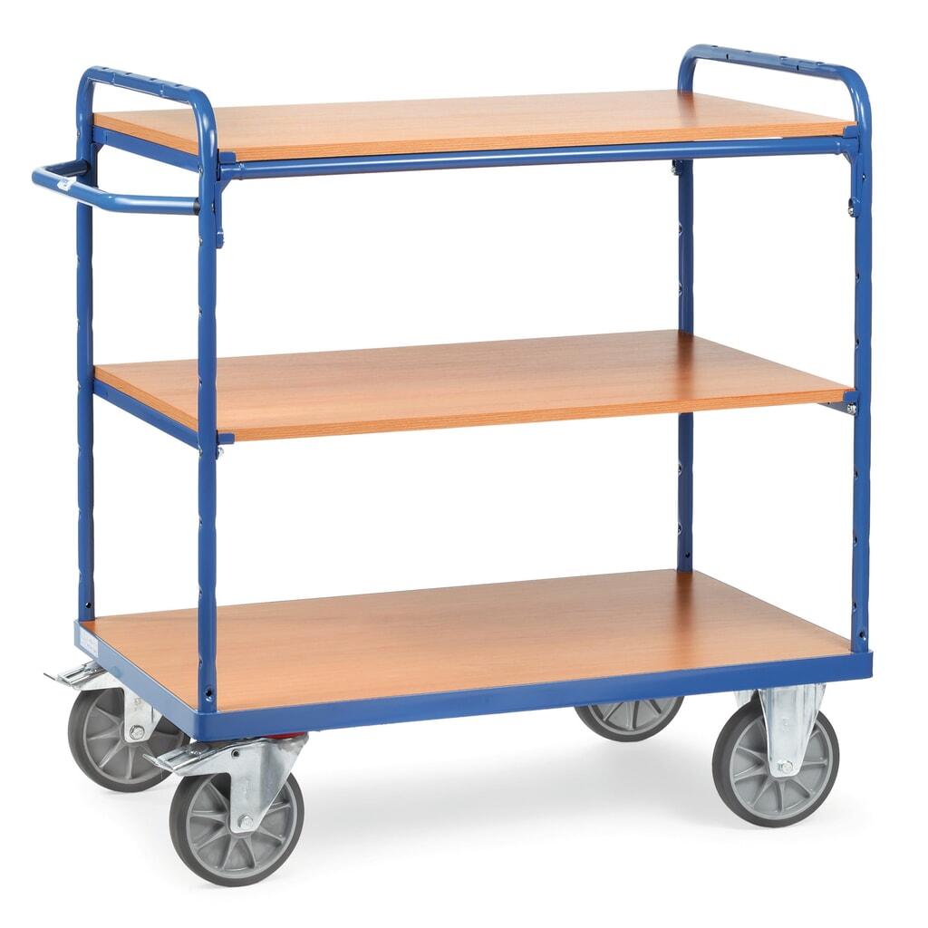 N° de l'image du produit 1 : fetra® Chariot à plateaux avec tablettes en bois, 3 plateaux de 850 x 500 mm, hauteur 1 111 mm