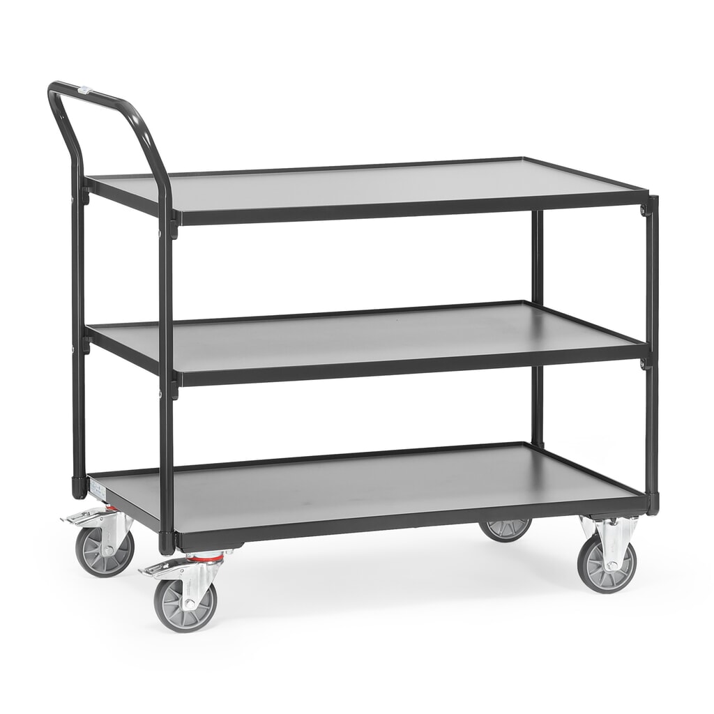 fetra® Servante, capacité de charge 300 kg, 3 plateaux de 850 x 500 mm, dossier de poussée haut, gris anthracite Illustration du produit: fetra® Servante, capacité de charge 300 kg, 3 plateaux de 850 x 500 mm, dossier de poussée haut, gris anthracite
