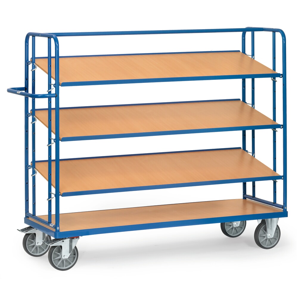 Illustration du produit: Chariot à plateaux fetra®, 1 étagère fixe et 3 tablettes réglables, capacité de charge 500 kg, HxLxP 1 560 x 620 x 1.430 mm
