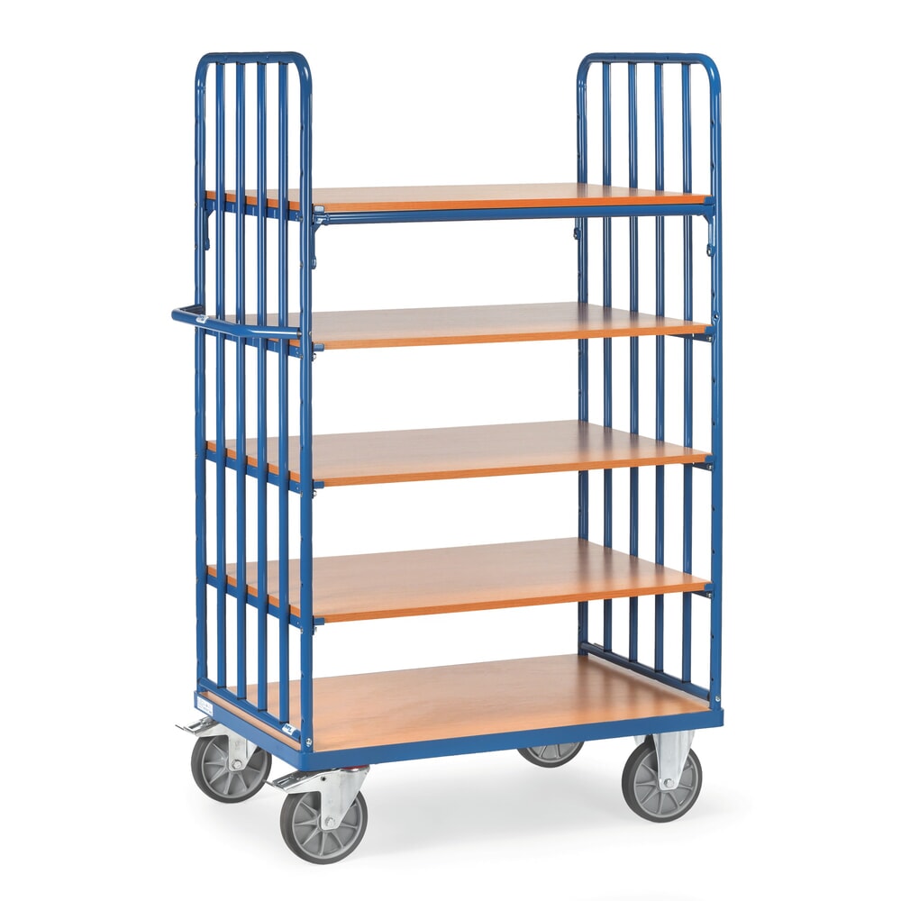 Illustration du produit: fetra® Chariot à plateaux avec montants tubulaires verticaux, 2 ridelles, 5 plateaux de 1 000 x 700 mm