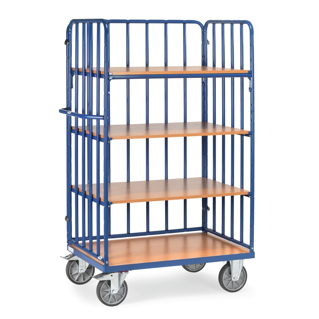 N° de l'image du produit 1 : fetra® Chariot à plateaux avec montants tubulaires verticaux, 3 ridelles, 4 plateaux de 1 000 x 600 mm, hauteur 1 800 mm