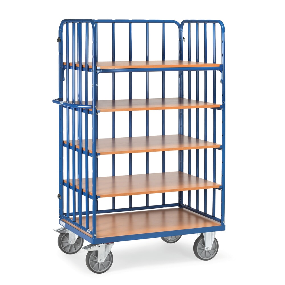 Illustration du produit: fetra® Chariot à plateaux avec montants tubulaires verticaux, 3 ridelles, 5 plateaux de 1 000 x 700 mm, hauteur 1 800 mm