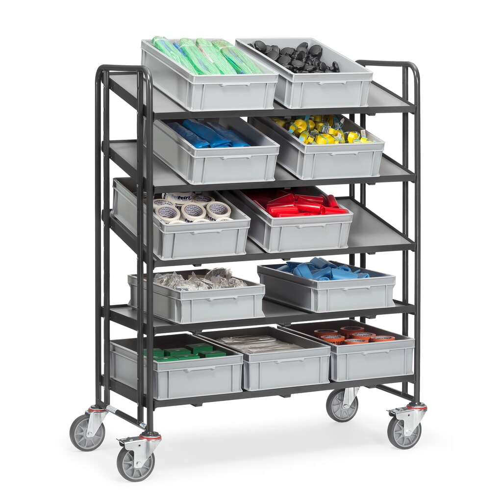 fetra® Chariot à plateaux pour bacs Euro, avec tablettes, capacité de charge 300 kg, 5 plateaux de 1 240 x 610 mm gris anthracite N° de l'image du produit 2 : fetra® Chariot à plateaux pour bacs Euro, avec tablettes, capacité de charge 300 kg, 5 plateaux de 1 240 x 610 mm gris anthracite