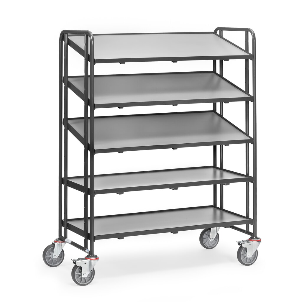 fetra® Chariot à plateaux pour bacs Euro, avec tablettes, capacité de charge 300 kg, 5 plateaux de 1 240 x 610 mm gris anthracite Illustration du produit: fetra® Chariot à plateaux pour bacs Euro, avec tablettes, capacité de charge 300 kg, 5 plateaux de 1 240 x 610 mm gris anthracite