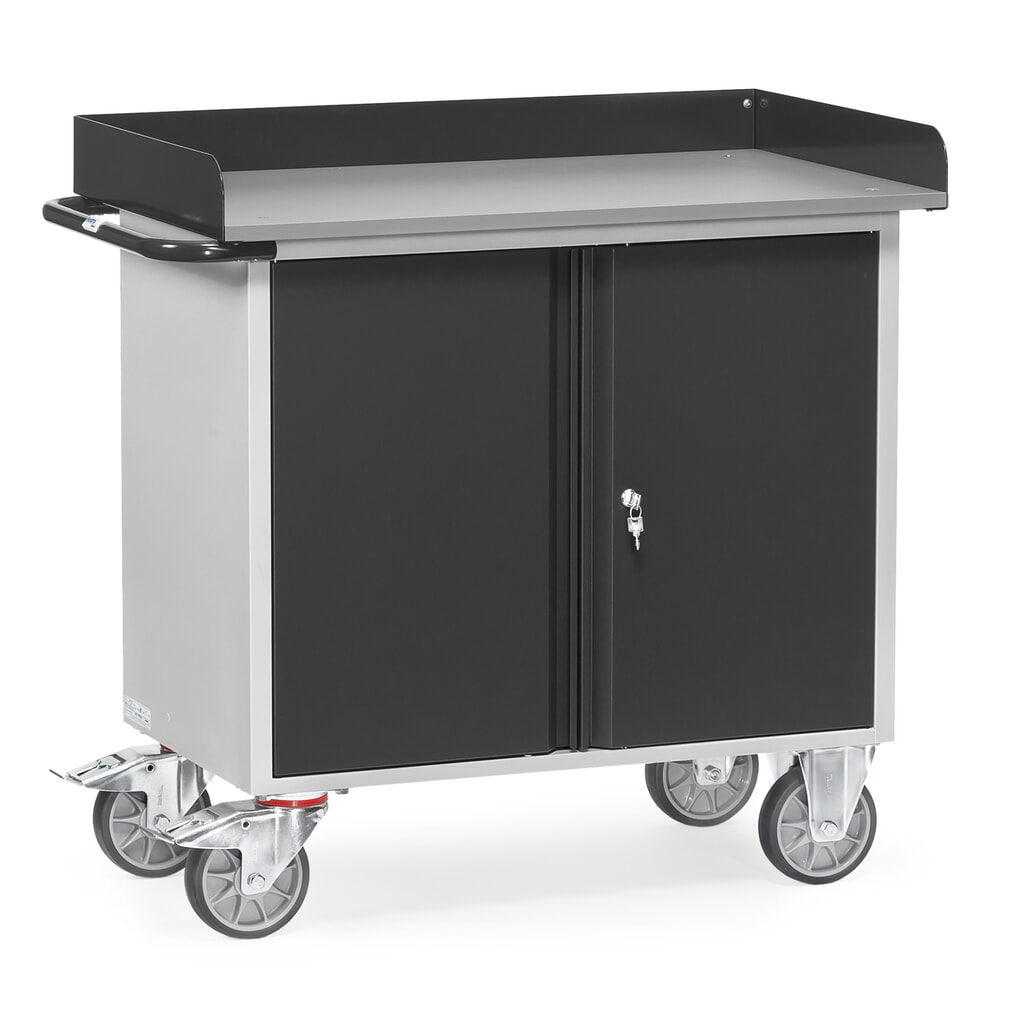 Chariot d'atelier fetra® avec bord haut, armoire à double porte, 3 étagères N° de l'image du produit 1 : Chariot d'atelier fetra® avec bord haut, armoire à double porte, 3 étagères