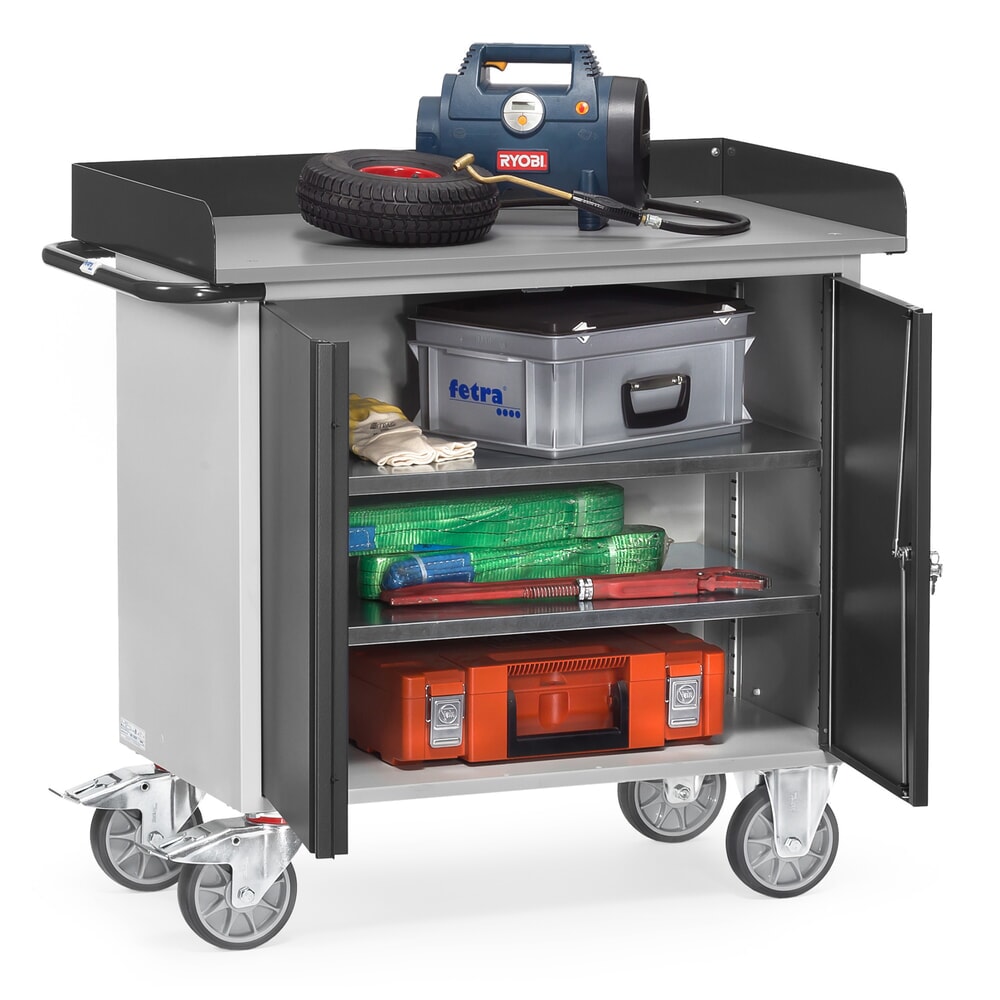 N° de l'image du produit 3 : Chariot d'atelier fetra® avec bord haut, armoire à double porte, 3 étagères