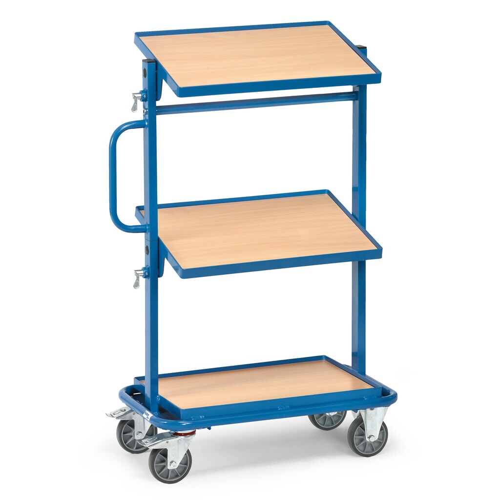 fetra® Chariot de montage, plateaux en matériau à base de bois, 1 tablette fixe + 2 tablettes inclinables Illustration du produit: fetra® Chariot de montage, plateaux en matériau à base de bois, 1 tablette fixe + 2 tablettes inclinables
