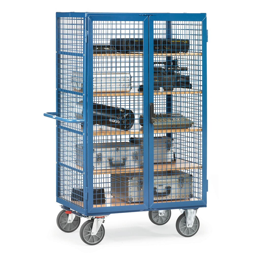N° de l'image du produit 3 : fetra® Chariot fermé, capacité de charge de 750 kg, parois grillagées, porte à doubles battants, 5 tablettes de 1 200 x 780 mm