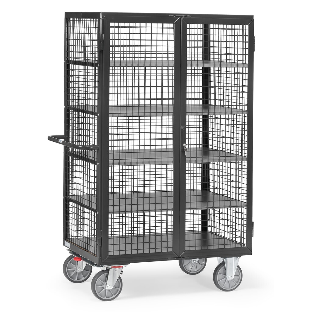 fetra® Chariot fermé, capacité de charge de 750 kg, parois grillagées, porte à doubles battants, 5 plateaux de 1 000 x 680 mm, gris anthracite Illustration du produit: fetra® Chariot fermé, capacité de charge de 750 kg, parois grillagées, porte à doubles battants, 5 plateaux de 1 000 x 680 mm, gris anthracite