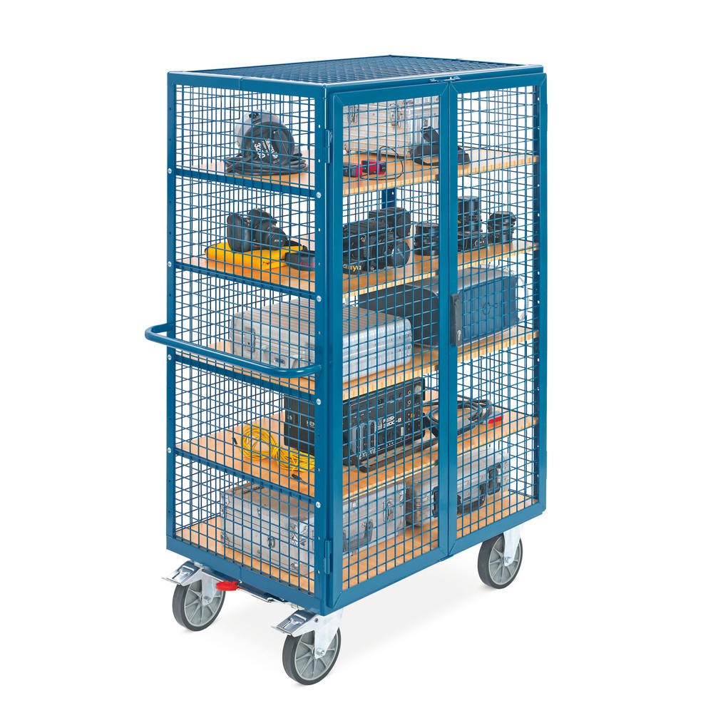 N° de l'image du produit 4 : fetra® Chariot fermé, capacité de charge de 750 kg, parois grillagées, porte à doubles battants, 5 tablettes de 1 200 x 780 mm