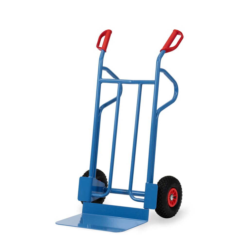 Illustration du produit: Diable empilable fetra®, hauteur 1 200 mm, capacité de charge 350 kg, pelle L x P 480 x 300 mm, avec supports de rangement, pneumatiques gonflables