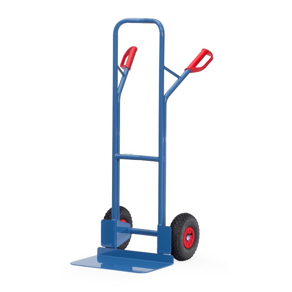 Diable empilable fetra®, hauteur 1 300 mm, capacité de charge 300 kg, pelle L x P 480 x 300 mm, avec arceau transversal supérieur, pneumatiques gonflables Illustration du produit: Diable empilable fetra®, hauteur 1 300 mm, capacité de charge 300 kg, pelle L x P 480 x 300 mm, avec arceau transversal supérieur, pneumatiques gonflables