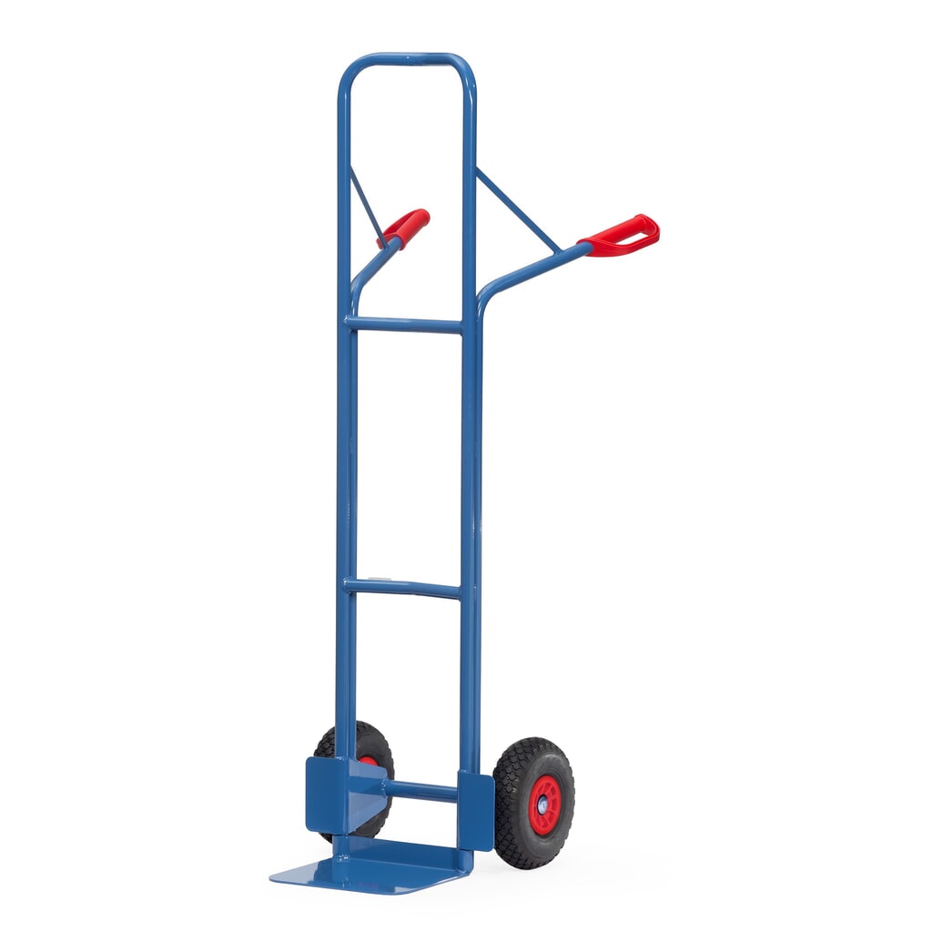 Diable empilable fetra®, hauteur 1 600 mm, capacité de charge 300 kg, pelle L x P 320 x 250 mm, avec arceau transversal supérieur, pneumatiques en PU Illustration du produit: Diable empilable fetra®, hauteur 1 600 mm, capacité de charge 300 kg, pelle L x P 320 x 250 mm, avec arceau transversal supérieur, pneumatiques en PU