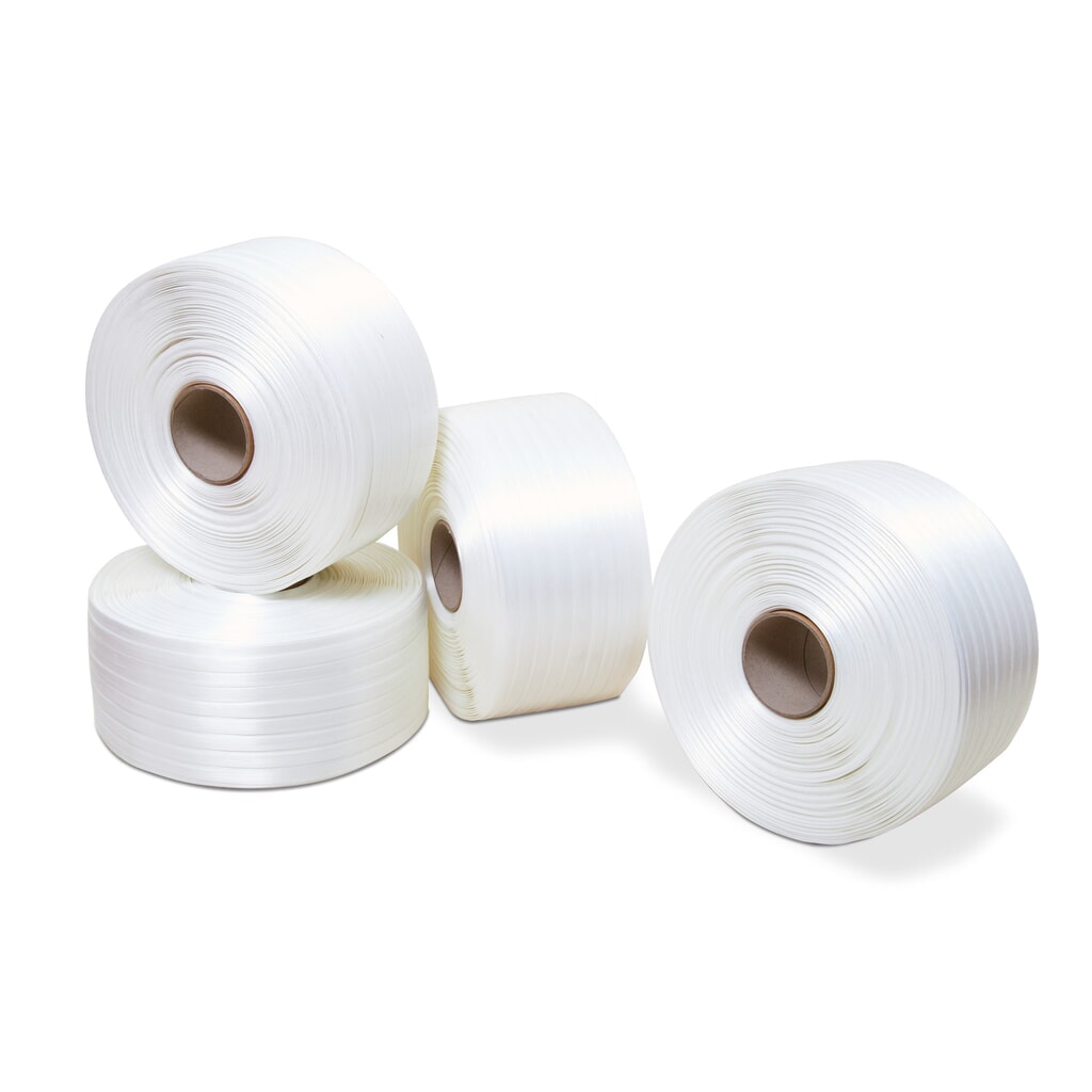Feuillard de cerclage en polyester, encollé, 13 mm x 1 100 ml, Ø noyau 76 mm, blanc Illustration du produit: Feuillard de cerclage en polyester, encollé, 13 mm x 1 100 ml, Ø noyau 76 mm, blanc