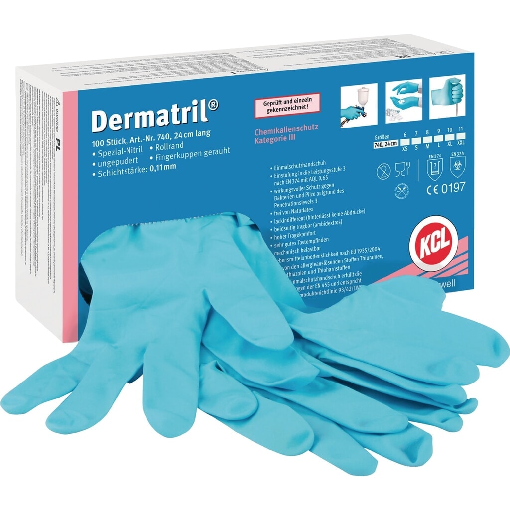 Gants jetables HONEYWELL Dermatril 740, nitrile EN 374, EN 455 PSA cat. iii, taille 10 Illustration du produit: Gants jetables HONEYWELL Dermatril 740, nitrile EN 374, EN 455 PSA cat. iii, taille 10