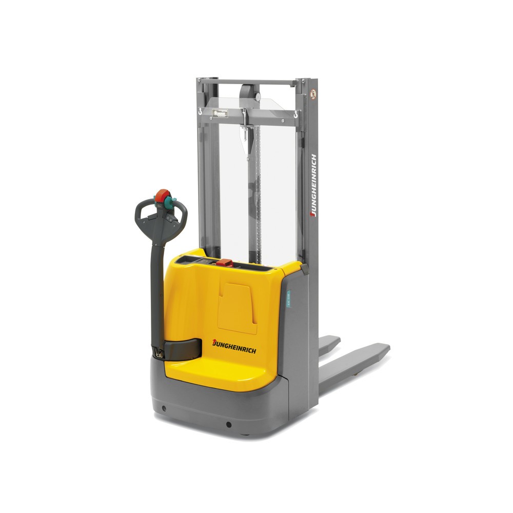N° de l'image du produit 1 : Gerbeur électrique Jungheinrich EJC 112/DZ, mât télescopique triple, hauteur de levage 4 790 mm, capacité de charge 1 200 kg, hydraulique proportionnelle, Aquamatik