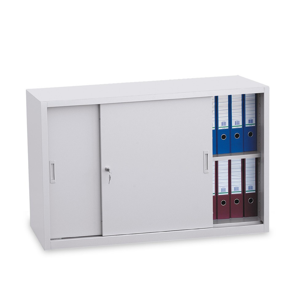 Illustration du produit: HEMMDAL Armoire à portes coulissantes d’atelier, 2 hauteurs de classeur, H x l x P 750 x 1 200 x 450 mm, tablettes gris clair