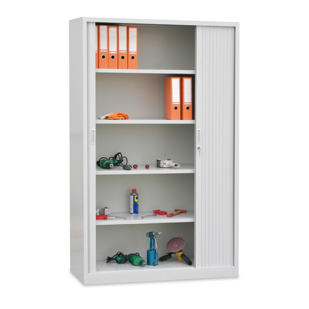 HEMMDAL Armoire à volet roulant d’atelier, 5 hauteurs de classeur, H x l x P 1 950 x 1 200 x 46 mm, tablettes gris clair Illustration du produit: HEMMDAL Armoire à volet roulant d’atelier, 5 hauteurs de classeur, H x l x P 1 950 x 1 200 x 46 mm, tablettes gris clair
