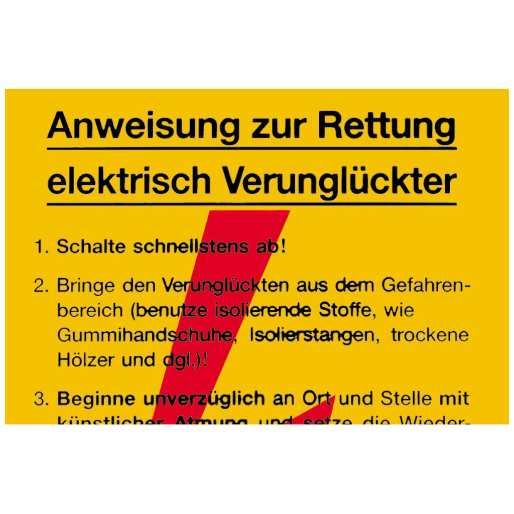 SafetyMarking® Instructions pour le sauvetage des victimes d’accidents électriques, H x l 300 x 200 mm Illustration du produit: SafetyMarking® Instructions pour le sauvetage des victimes d’accidents électriques, H x l 300 x 200 mm