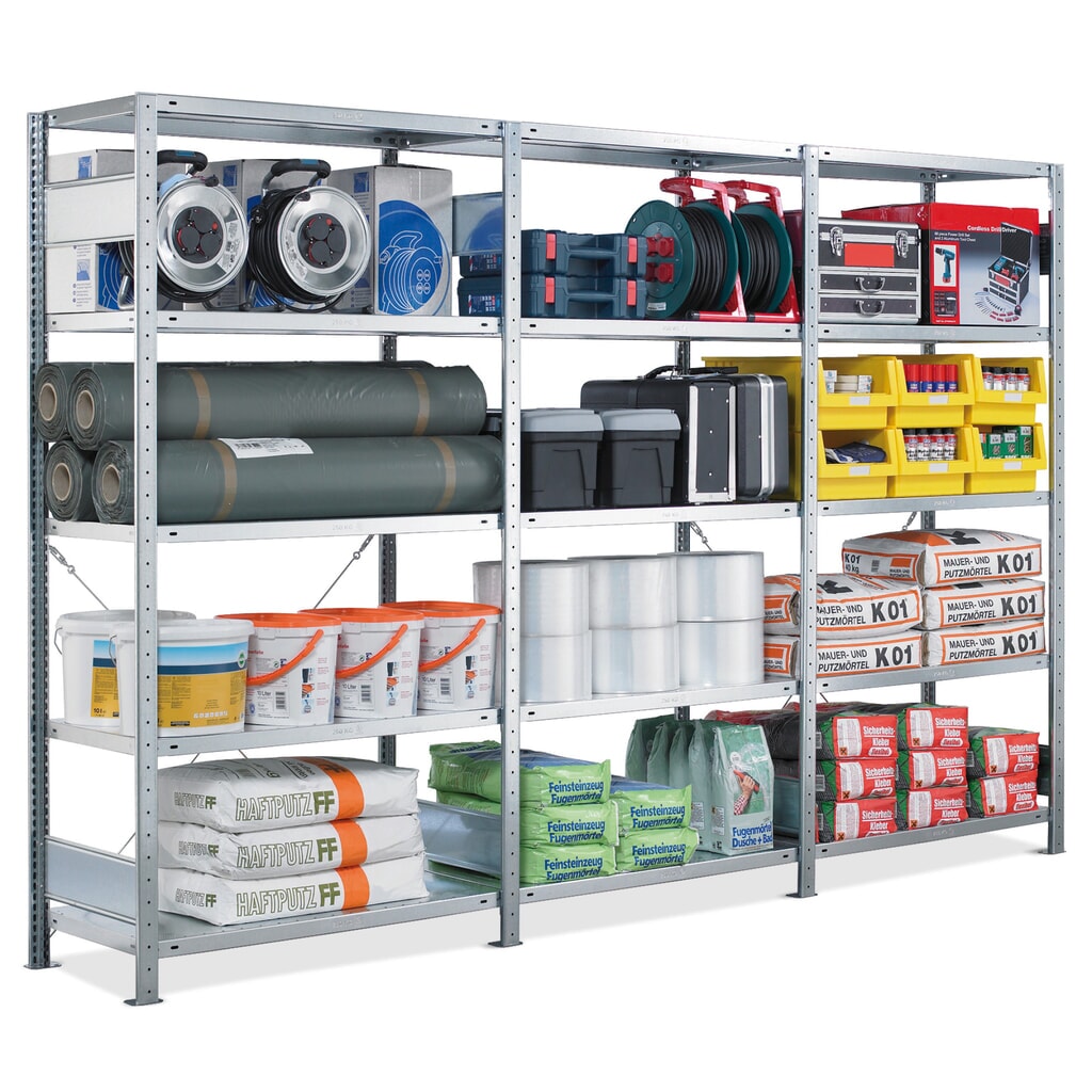 SCHULTE Rayonnage à tablettes en kit complet, système enfichable, charge par tablette 250 kg, HxlxP 2 000 x 3 000 x 400 mm Illustration du produit: SCHULTE Rayonnage à tablettes en kit complet, système enfichable, charge par tablette 250 kg, HxlxP 2 000 x 3 000 x 400 mm