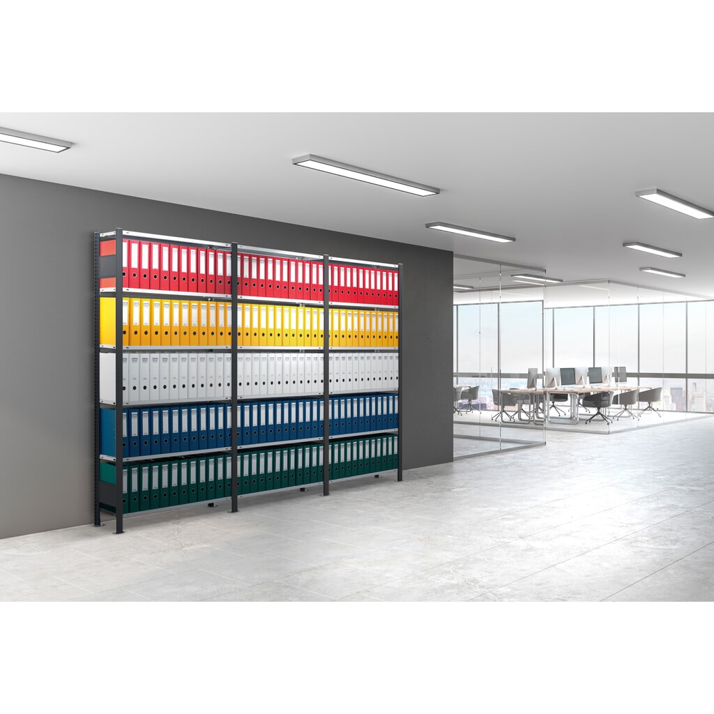 N° de l'image du produit 3 : Kit complet Rayonnage de bureau SCHULTE, unilatéral, charge par tablette 85 kg, HxlxP 2 000 x 3 000 x 300 mm, noir