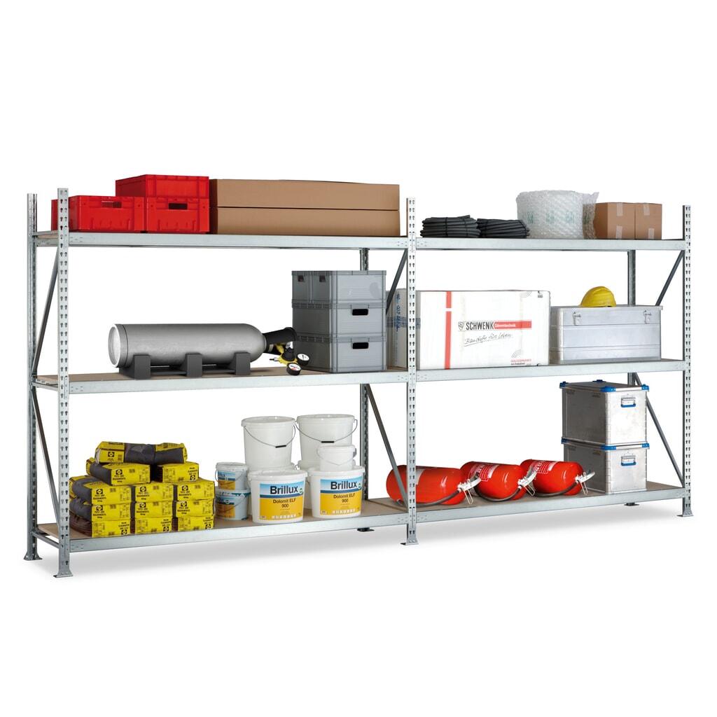 Illustration du produit: Kit complet de rayonnage grande portée META, avec panneaux de particules, capacité de charge 600 kg, H x l x P 2 200 x 3 600 x 650 mm