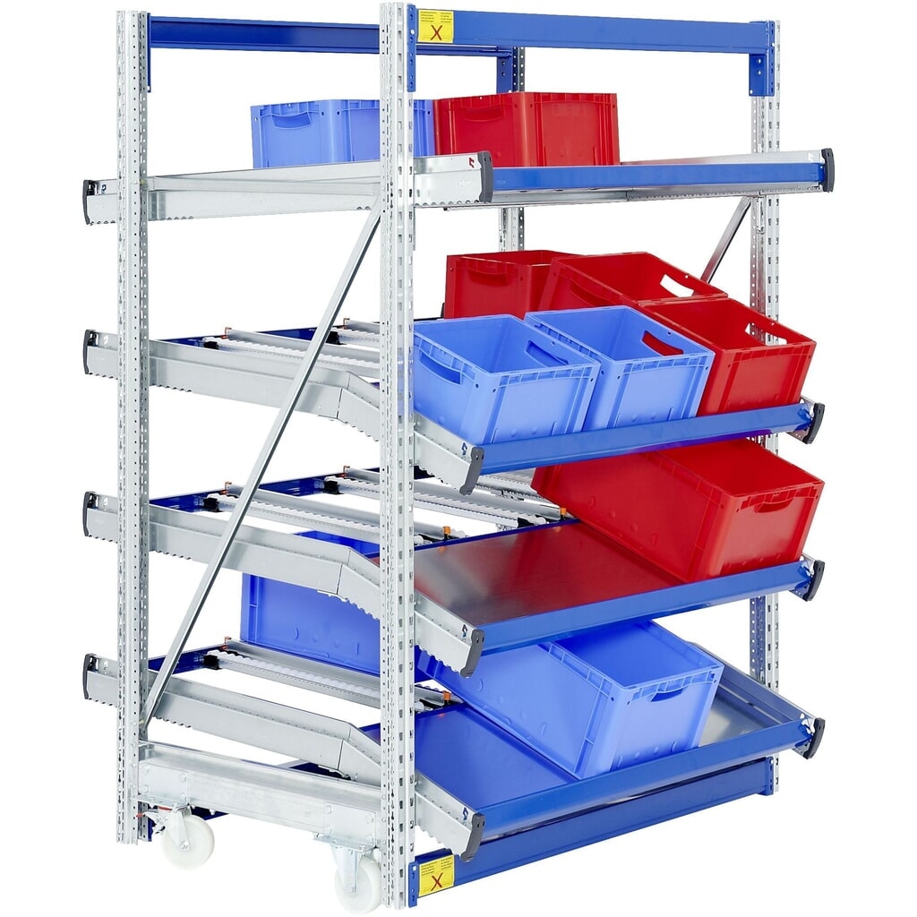 Kit complet de rayonnages dynamiques pour marchandises Bito, HxlxP 2.000 x 1.470 x 1.300 mm, mobile, niveaux d’avance coudés Illustration du produit: Kit complet de rayonnages dynamiques pour marchandises Bito, HxlxP 2.000 x 1.470 x 1.300 mm, mobile, niveaux d’avance coudés