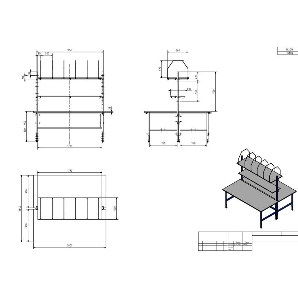 N° de l'image du produit 4 : DAHMEN Table d’emballage Classic réglable manuellement en hauteur, double face, Kit complet, H x l x P 700-950 x 2 000 x 1.840 mm