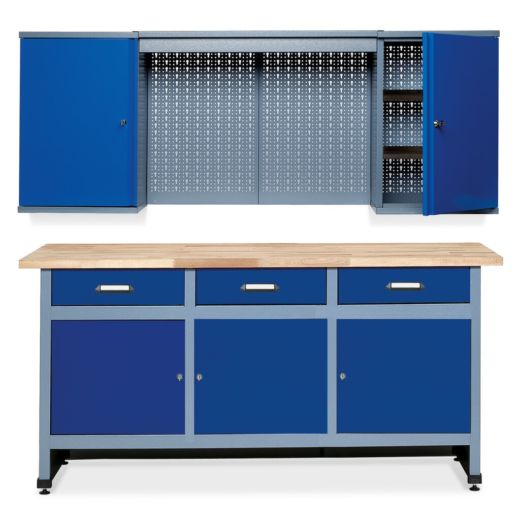 Illustration du produit: Kit d’atelier Elm 2 pièces, armoire suspendue + établi, largeur 1 700 mm, bleu