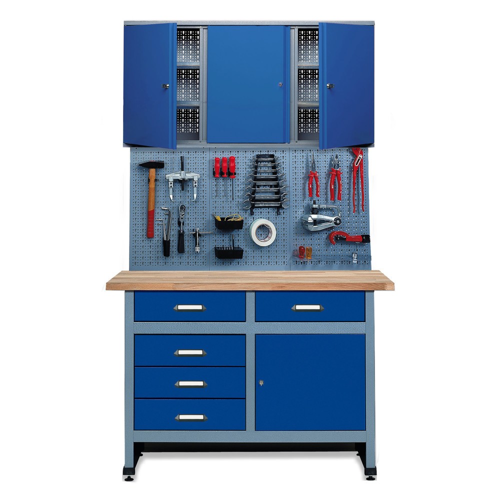 Illustration du produit: Kit d’atelier Meran 3 pièces, armoire suspendue + établi + paroi perforée, largeur 1 200 mm, bleu