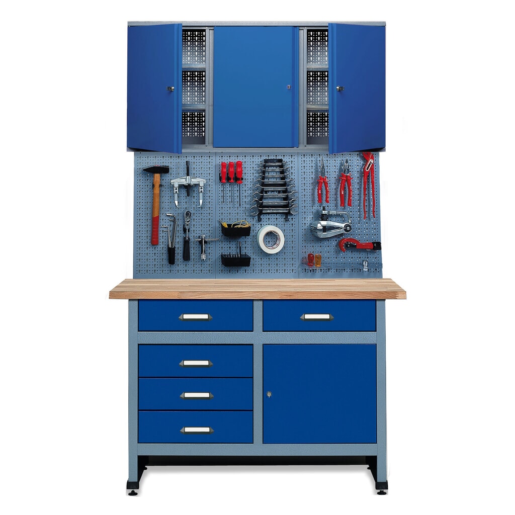 Kit d’atelier Meran 3 pièces, armoire suspendue + établi + paroi perforée, largeur 1 200 mm, rouge Illustration du produit: Kit d’atelier Meran 3 pièces, armoire suspendue + établi + paroi perforée, largeur 1 200 mm, rouge
