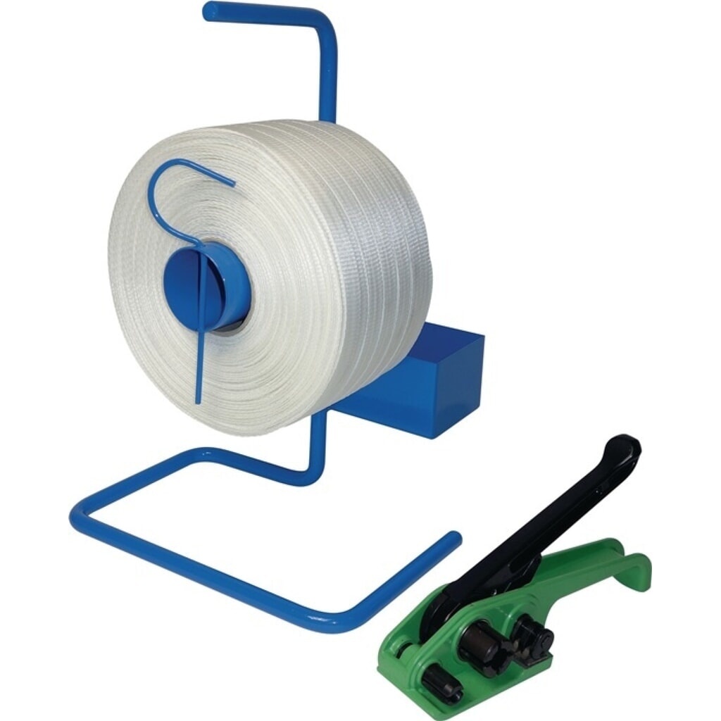 Kit de cerclage, dévidoir pour feuillard portable, feuillard de polyester 13 mm appareil de serrage à levier unique Illustration du produit: Kit de cerclage, dévidoir pour feuillard portable, feuillard de polyester 13 mm appareil de serrage à levier unique