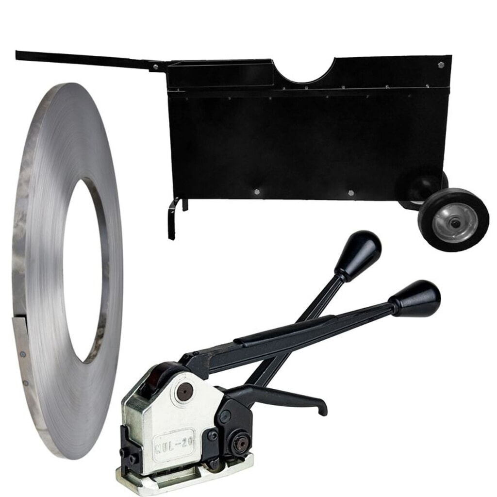 Illustration du produit: Kit de feuillards d’emballage en acier constitué d’un feuillard brut, d’un chariot dérouleur et d’un appareil de cerclage