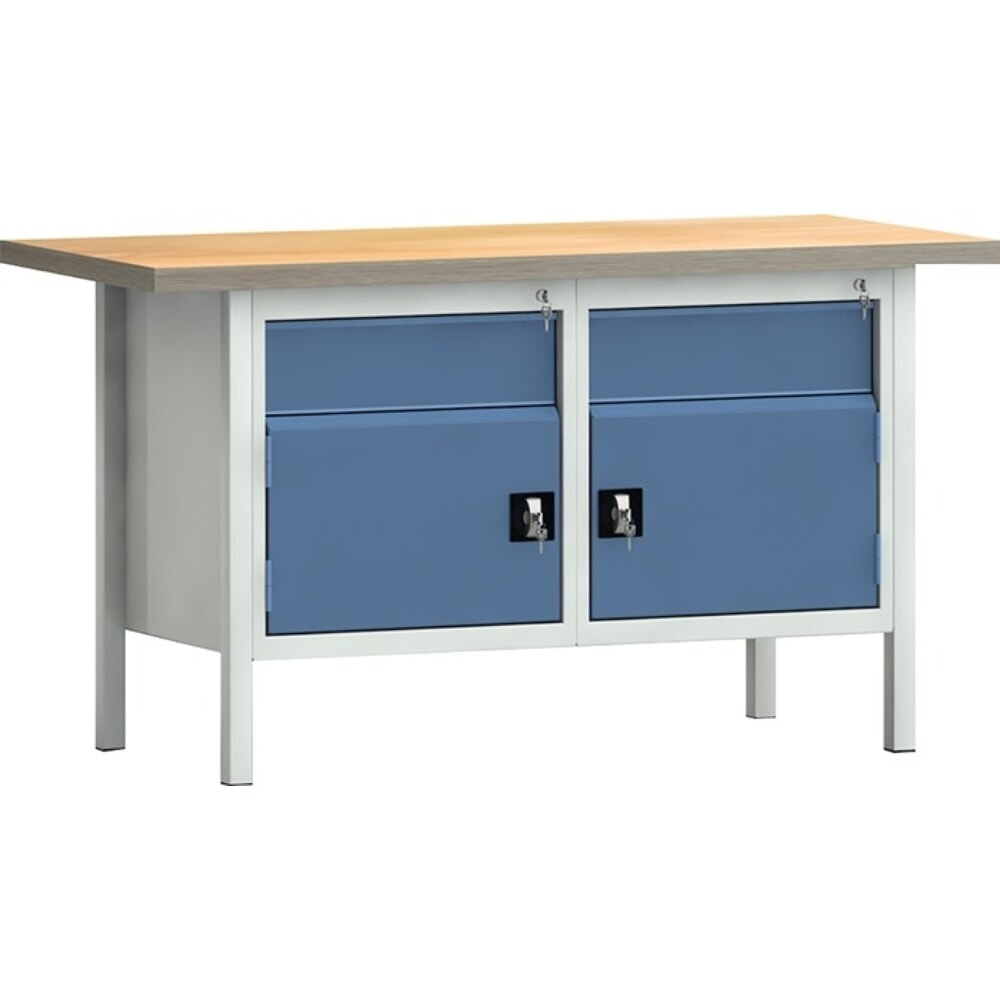 Illustration du produit: KLW-LUTZ Betriebseinrichtungen Werkbank PW 700, lichtgrau, RAL 7035, B1500xT700xH840mm Buche Multiplex, brillantblau, RAL 5007 2 Schubl. 2 Türen